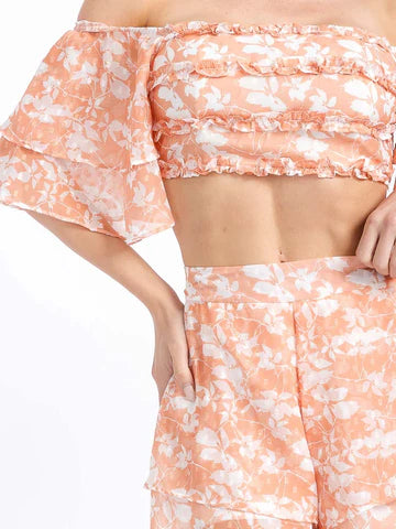 WOMENS SHORT SLEEVES CROP TOP & ZIPPER CLOSURE MINI SHORTS FLORAL 2 PC.SET